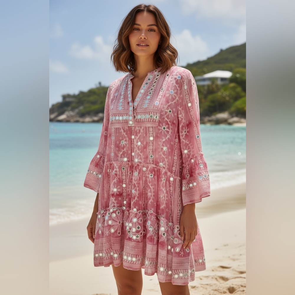 Juliet Dunn Mirrored Embroidered Cotton Midi Dress Boho Resort Cover-Up Size 1